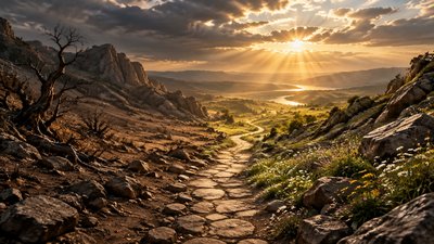Create a breathtaking, cinematic, photorealistic biblical landscape representing restoration through repentance and obedience to God. Show a narrow ancient stone pathway leading from a shadowed, rugged wilderness toward a beautiful, radiant opening filled with warm golden heavenly light. Along the pathway, the ground gradually transforms from dry, cracked earth into fresh green grass and delicate wildflowers, symbolising a heart being renewed after turning back to God. In the distance, soft rays of sunlight break through dramatic clouds, illuminating the path and creating a powerful sense of divine guidance, forgiveness, humility, and spiritual renewal. The atmosphere should feel reverent, peaceful, deeply spiritual, and hopeful, communicating the beauty of surrendering to God and choosing to walk in obedience to His will. Use deep earthy browns, muted olive greens, soft gold, and warm ivory light. Cinematic composition, realistic textures, dramatic natural lighting, sophisticated colour grading, suitable for a powerful Christian church sermon presentation. Wide 16:9 landscape format. NO TEXT, NO LETTERING, NO WATERMARKS, NO PEOPLE, NO BUILDINGS, NO CROSSES.