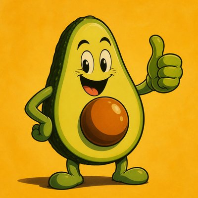 a happy avocado character giving a thumbs up, bold readable design on a plain background, no text