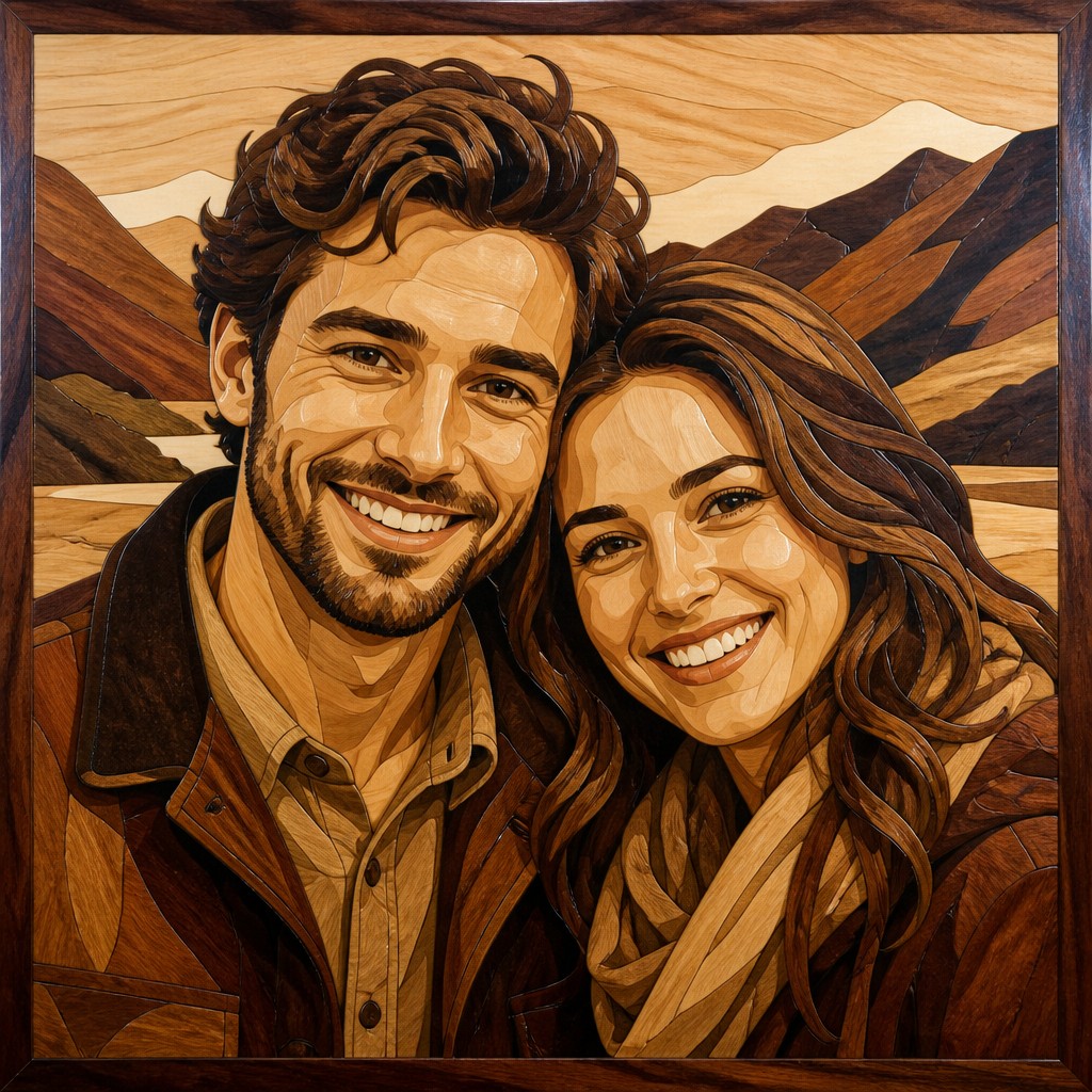 portrait of two people together — Marquetry Art Style