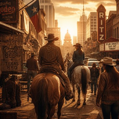 urban street with city activity — Cowboycore Aesthetic