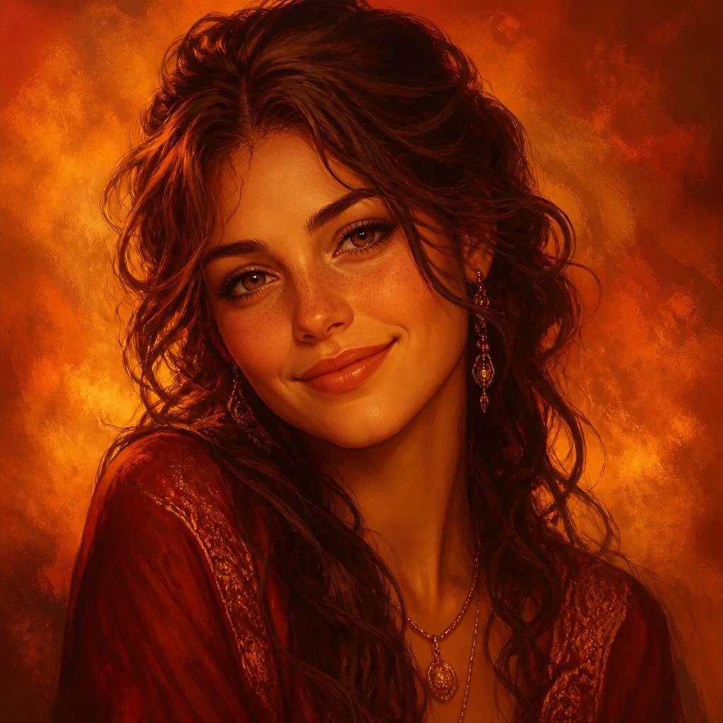 head-and-shoulders portrait of an original character: a young woman with wavy chestnut hair and a warm smile, plain soft backdrop