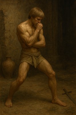 a painting of a man standing in a cave