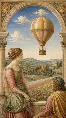 a hot air balloon drifting over rolling flower fields on a sunny day, cheerful, no text