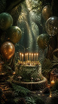 a birthday cake with lit candles surrounded by balloons and confetti, festive vertical composition, no text