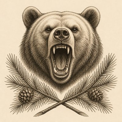 a roaring bear head above crossed pine branches, bold graphic composition on a plain background, no text