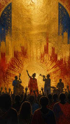 a live music scene with a glowing stage and silhouetted crowd, energetic vertical composition with open space at the top, no text