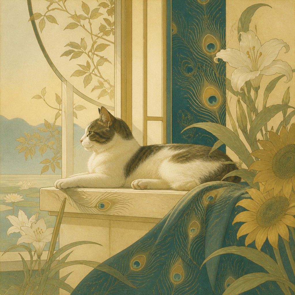 a cat lounging in a sunlit window — Aesthetic Movement Art Style