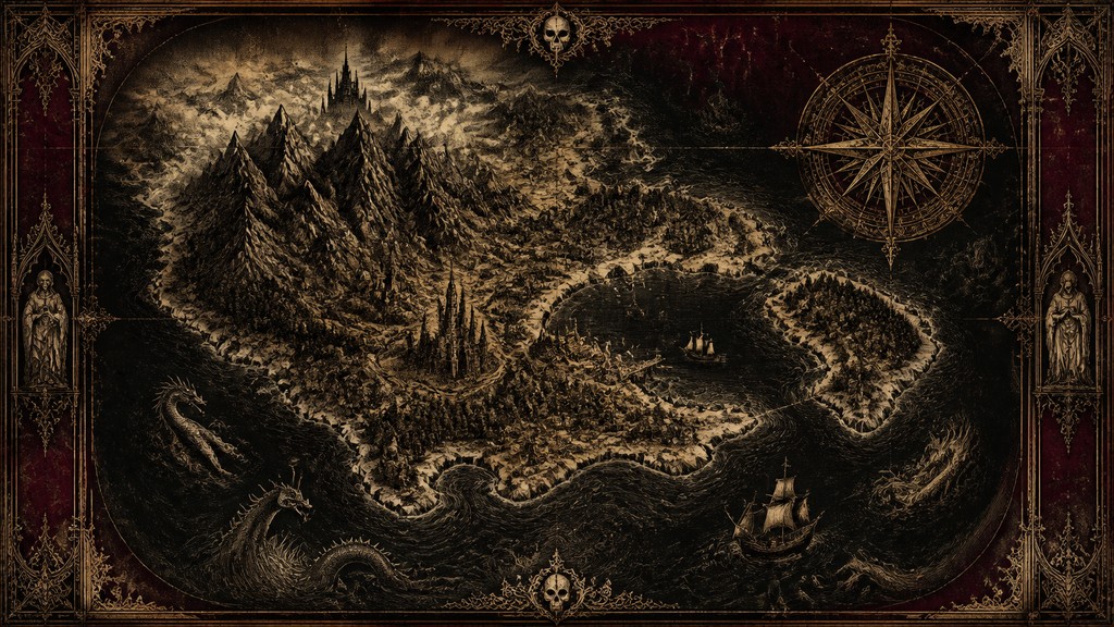 a map of an island realm with mountains, forests, a sheltered bay, sea monsters in the water and a compass rose, no text labels
