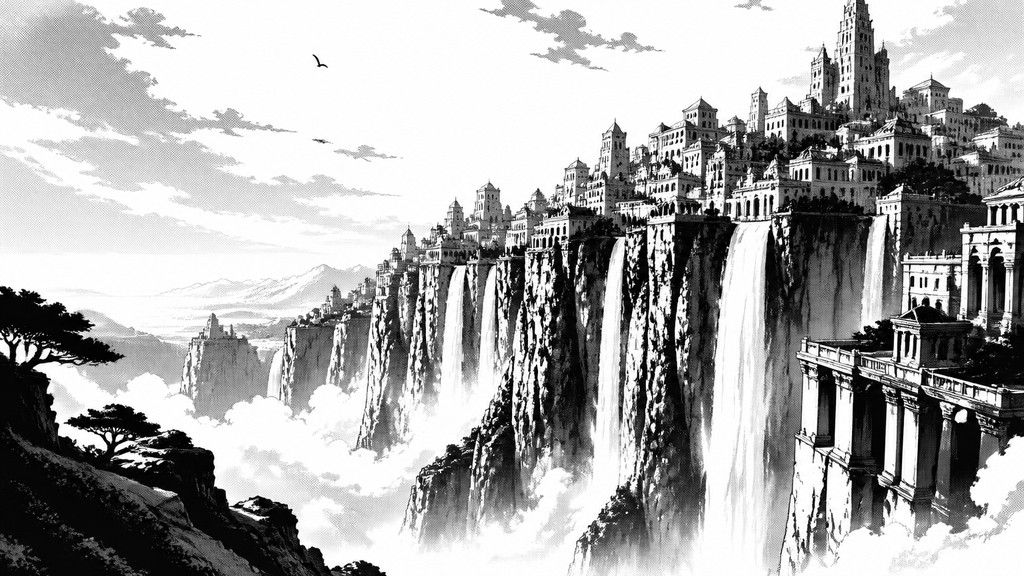 a cliffside city with waterfalls cascading into a misty canyon, wide establishing shot, no people, no text