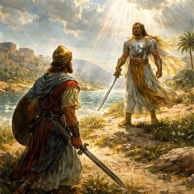 Express without words “And it came to pass, when Joshua was by Jericho, that he lifted up his eyes and looked, and, behold, there stood a man over against him with his sword drawn in his hand: and Joshua went unto him, and said unto him, Art thou for us, or for our adversaries?” (Joshua 5:13, KJVA)
