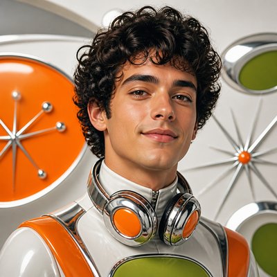 head-and-shoulders portrait of an original character: a young man with curly dark hair and headphones around his neck, plain backdrop, no text
