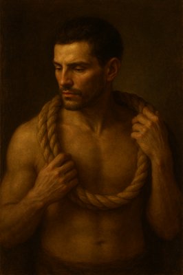 a painting of a man holding a rope