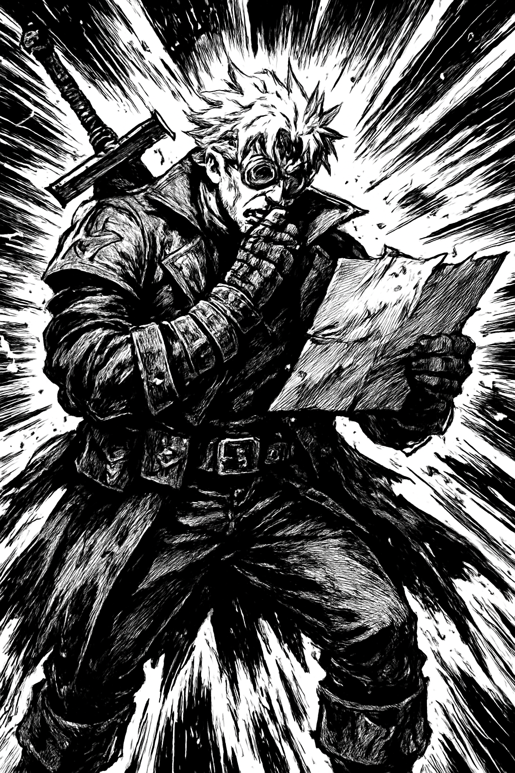 a black and white drawing of a man holding a knife