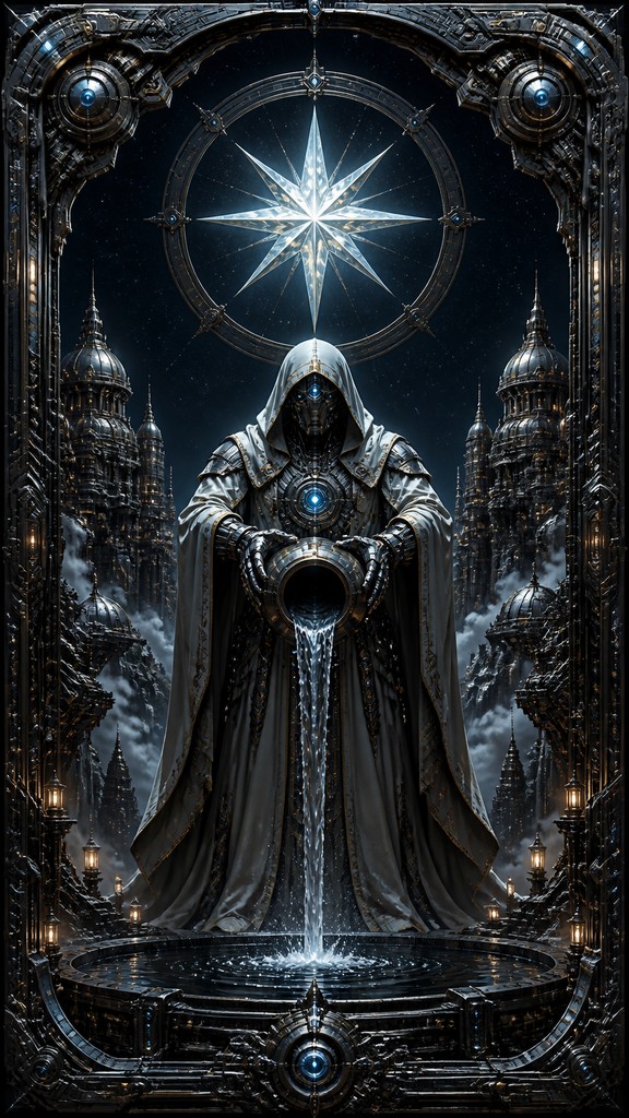 a robed figure pouring water beneath a large eight-pointed star in a night sky, symmetrical composition with an ornate decorative border, no text