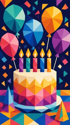 a birthday cake with lit candles surrounded by balloons and confetti, festive vertical composition, no text