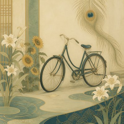 bicyle resting against a wall — Aesthetic Movement Art Style