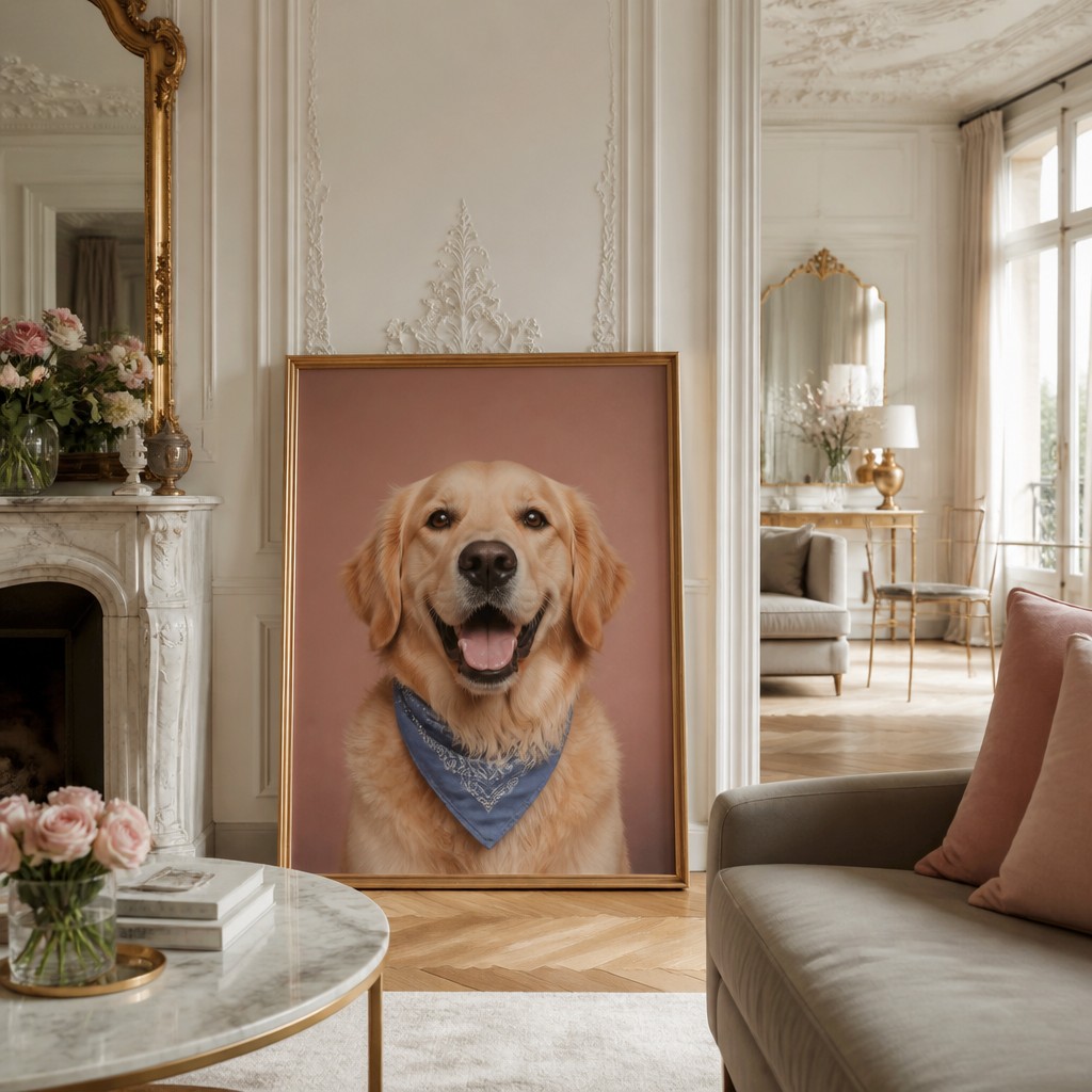 portrait of a golden retriever wearing a blue bandana, warm plain backdrop, no text
