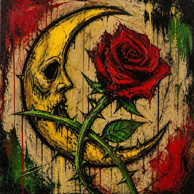a rose entwined with a crescent moon, clean balanced composition on a plain background, no text