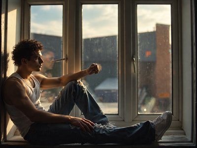 a man sitting on a window sill holding a cigarette