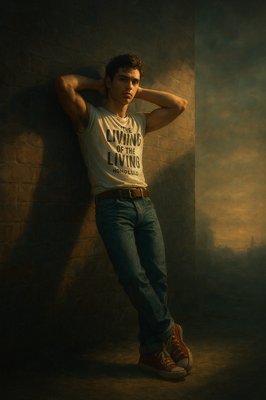 a young man leaning against a brick wall