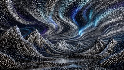 a flowing aurora over snowy peaks, wide sweeping composition, no people, no text