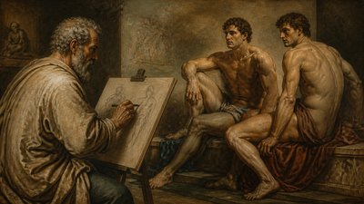 Michelangelo drawing two athletes posing for him