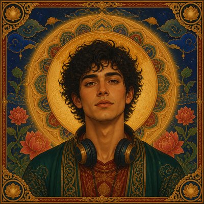 head-and-shoulders portrait of an original character: a young man with curly dark hair and headphones around his neck, plain backdrop, no text