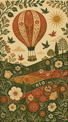 a hot air balloon drifting over rolling flower fields on a sunny day, cheerful, no text