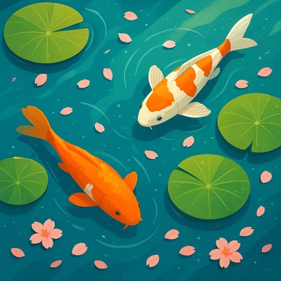 A koi pond seen from above, orange and white koi fish swimming among lily pads, clear water with subtle ripples, fallen cherry blossom petals floating on the surface, dappled sunlight