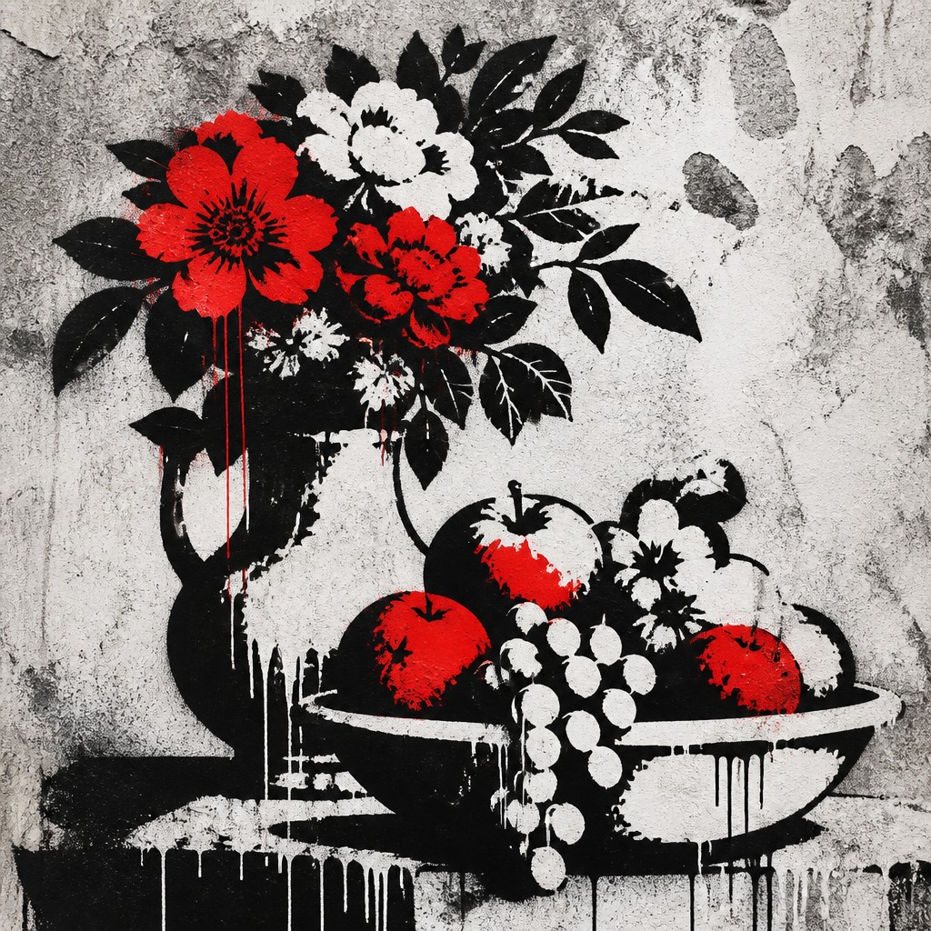 still life arrangement of fruits and flowers
