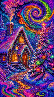 a snow-covered cottage with warm glowing windows beside a decorated pine tree, gentle snowfall, no text