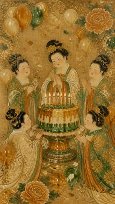a birthday cake with lit candles surrounded by balloons and confetti, festive vertical composition, no text