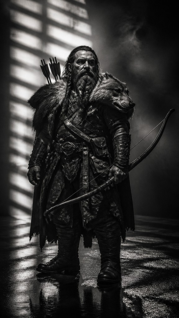 full-body original character: a dwarven ranger with a braided auburn beard, worn leather armor, a longbow and a wolf-pelt cloak, neutral background, no text