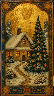 a snow-covered cottage with warm glowing windows beside a decorated pine tree, gentle snowfall, no text