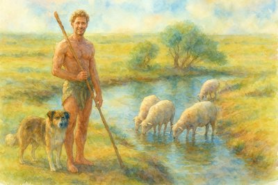 a painting of a man standing next to a herd of sheep