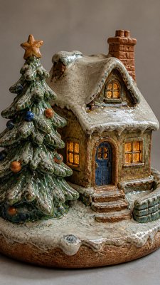 a snow-covered cottage with warm glowing windows beside a decorated pine tree, gentle snowfall, no text