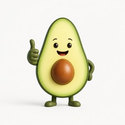 a happy avocado character giving a thumbs up, bold readable design on a plain background, no text