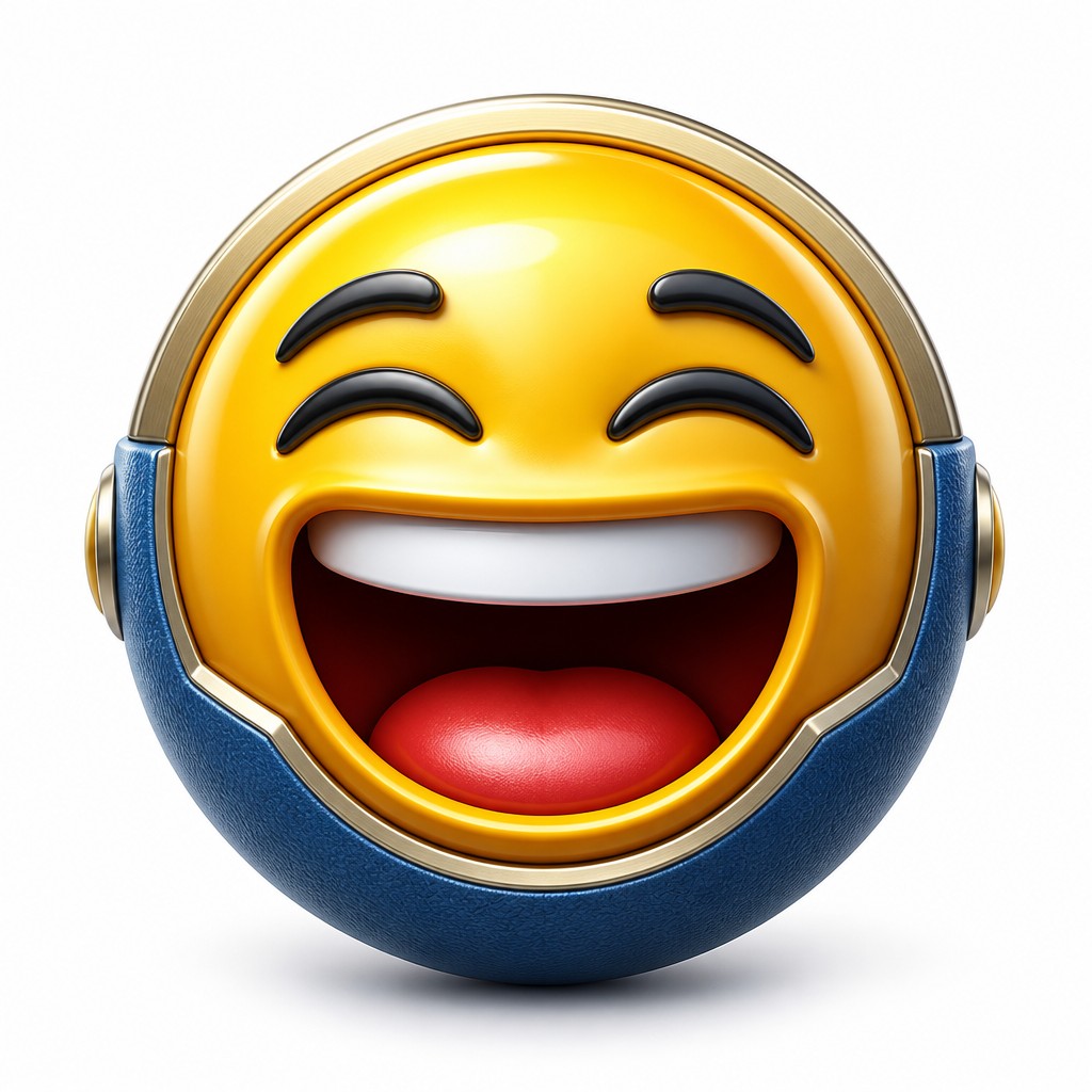 an exaggerated laughing face of an original round mascot character, bold and readable at small size, plain background, no text