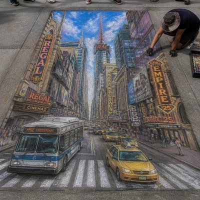 urban street with city activity — Chalk Art Style
