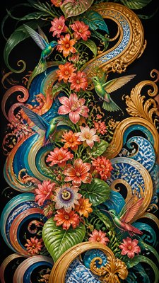 a climbing vine of flowers and hummingbirds on a dark background, tall wrapping composition, no text