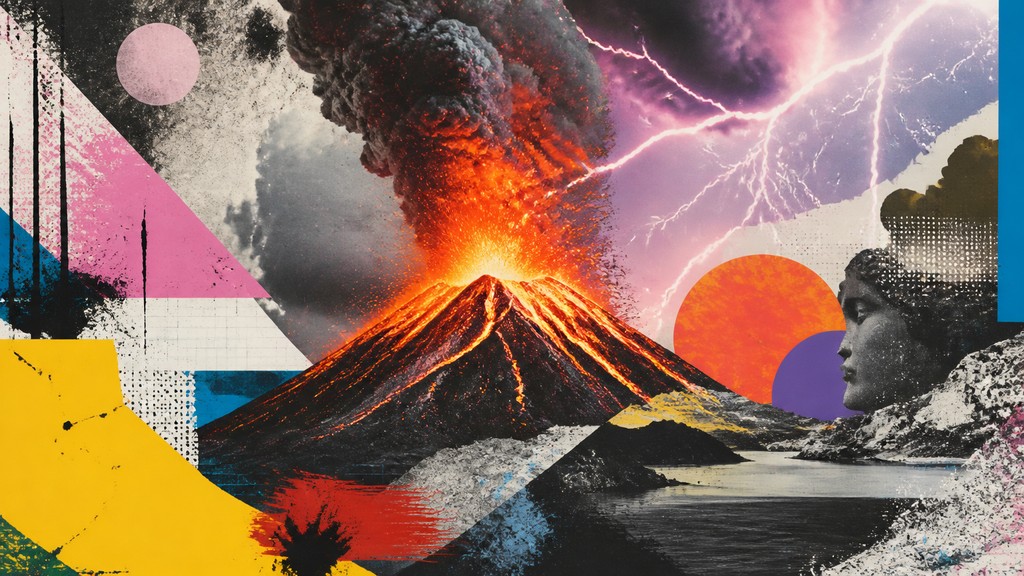 an erupting volcano with lightning strikes, dramatic wide composition, no text