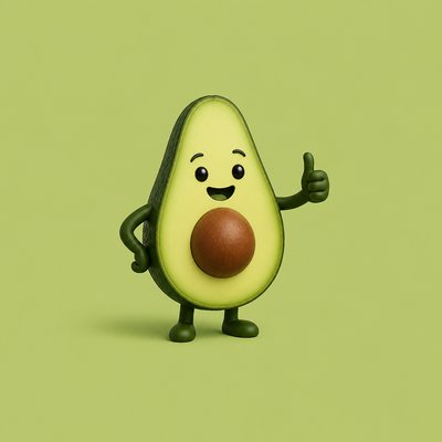 a happy avocado character giving a thumbs up, bold readable design on a plain background, no text