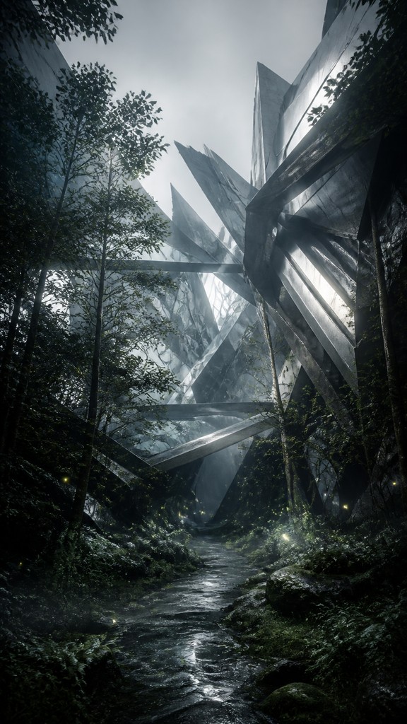 a mysterious forest path with fireflies and drifting mist, atmospheric vertical composition with open space at the top, no text
