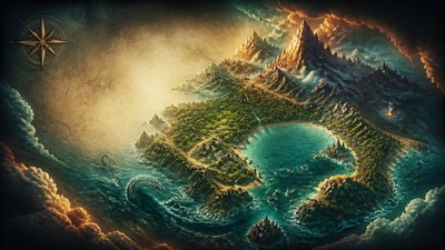 a map of an island realm with mountains, forests, a sheltered bay, sea monsters in the water and a compass rose, no text labels