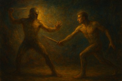 a painting of two men fighting with each other