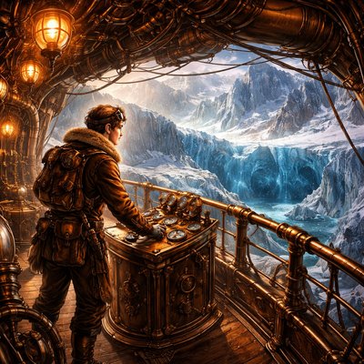 "A high-detail Steampunk illustration view from the open deck of the airship 'Falcon,' inspired by Tom Swift and the Caves of Ice. A young inventor in fur-lined leather explorer gear and brass goggles stands at a complex copper control pedestal studded with gauges and levers, looking out over the railing. Below and ahead, massive, jagged Arctic glaciers and deep blue ice caves reflect the warm glow of the ship's exterior mercury-vapor lamps and vacuum-tube engines. The airship deck is surrounded by polished brass fittings, coiling steam pipes, and gilded rigging. Victorian industrial aesthetic, cinematic lighting, contrast between warm mechanics and cold ice