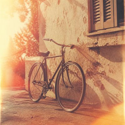 bicyle resting against a wall