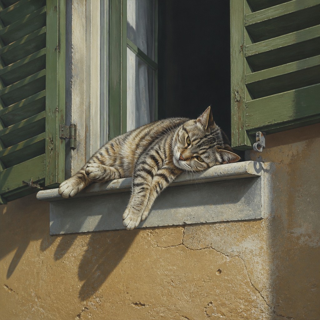 a cat lounging in a sunlit window
