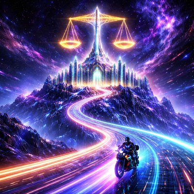 Neon-Futurism Digital Art Style, Bioluminescent Sci-Fi Cosmic Setting, Grandiose Architectural Scale. A sweeping vista of deep space, where the Ecliptic is a glowing laser-grid highway curving towards a monumental structure.

The Rider: The lone rider in the sleek, glowing armored suit and helmet on the neon light-sportbike is small in the frame, speeding along the light path, giving a sense of immense scale to the scene.

The Heavenly Mountain: Rising from the cosmic void ahead is not an earthen mountain, but a colossal "Heavenly Mountain" formation made of crystallized nebulae, glowing geometric rockforms, and compressed stardust in shades of deep indigo, violet, and electric blue.

The Temple of Libra: Perched majestically at the flat summit of this cosmic mountain is the "Great Courtly Temple of Libra." It is a massive, balanced structure of glowing classical architecture re-imagined with light-lines—towering columns of cyan light, archways of golden data streams, and balanced spires.

The Icon: The central feature, integrated into the highest point of the temple, is a gigantic set of perfectly balanced Cosmic Scales. The pans and beam of the scales are constructed from radiant, golden energy and concentrated star clusters, shining brightly against the dark space background, symbolizing divine justice and order