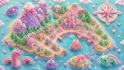 a map of an island realm with mountains, forests, a sheltered bay, sea monsters in the water and a compass rose, no text labels